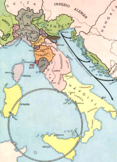 Mapa político de Italia a mediados del siglo XVI
