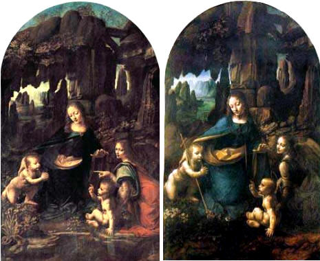 A la izquierda, la Virgen de las Rocas (2ª versión - 1497) National Gallery, Londres. A la derecha, La Virgen de las Rocas (1ª versión - 1486) Museo del Louvre, París.