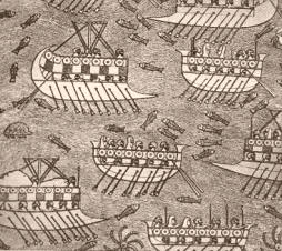 FLOTA MARíTIMA. La flota de Senaquerib, cuyo grabado fue captado de un bajorrelieve asirio, constituye un testimonio del espíritu aventurero y belicoso del hombre, incitado aún más por la navegación.