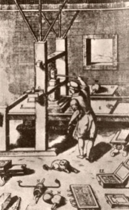 LA IMPRENTA. Un prensista acciona el tornillo de una prensa primitiva, similar a la de Juan Gutenberg