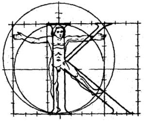 LETRA K incluida en un cuadro de relaciones geométricas, que rigen la armonía del cuerpo humano.