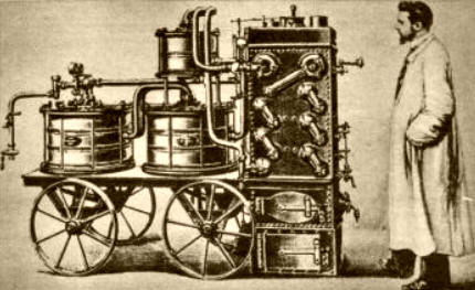 TRASCENDENTAL INVENTO. Cerca del año 1900 se construyó esta máquina a vapor, cuya función específica era la de esterilizar agua para su posterior utilización