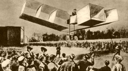 EL CAMPEÓN. En la escena, el avión de Santos Dumont, quien ganó la Copa Archedeacon. “The Bird of Prey” voló 25 metros