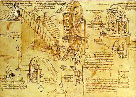 Dibujos de Leonardo de un sistema de irrigación basados en el Tornillo de Arquímedes