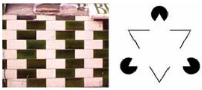 Los azulejos de este famoso café de Bristol (izquierda) son en realidad rectangulares, aunque no lo parezcan. La organización de los azulejos crea una ilusión óptica debida a las complejas interacciones inhibidoras y excitadoras, que se producen sobre las neuronas encargadas de procesar las líneas y los bordes. ¡El triangulo de Kanizsa (derecha) en realidad no existe, aunque esto no nos impide verlo! Vuestro sistema visual “decide” que un triangulo de color blanco se encuentra situado encima del resto de los objetos.